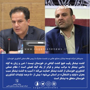 مدیرعامل شرکت توسعه نیشکر در نشست مشترک با رییس نظام صنفی کشاورزی خوزستان : اشتغال بیش از ۱۹ هزار نفر و معیشت ۱۰۰ هزار خوزستانی، وابسته به توسعه نیشکر و همچنین تولید محصول استراتژیک شکر است مدیرعامل شرکت توسعه نیشکر در نشست مشترک با رییس نظام صنفی کشاورزی خوزستان : اشتغال بیش از ۱۹ هزار نفر و معیشت ۱۰۰ هزار خوزستانی، وابسته به توسعه نیشکر و همچنین تولید محصول استراتژیک شکر است